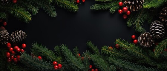 Christmas Mockup banner with fir, conifer branches, cones, red berries, decorations on black textured background. Top view. Flat lay. New Year Holidays background. Generative ai