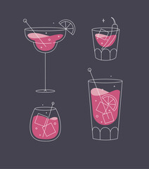 Cocktail glasses margarita whiskey long island old fashioned drawing in flat line style on dark blue background