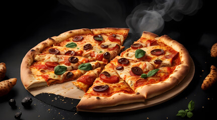 Delicious Chicken Pizza with smoke on black texture background