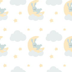 Seamless pattern with sleeping bunny, rabbit  moon cloud star cartoon for baby shower , wallpaper ,backdrop ,nursery, kid novel, book cover, fabric 