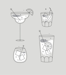 Cocktail glasses margarita whiskey long island old fashioned drawing in flat line style on grey background