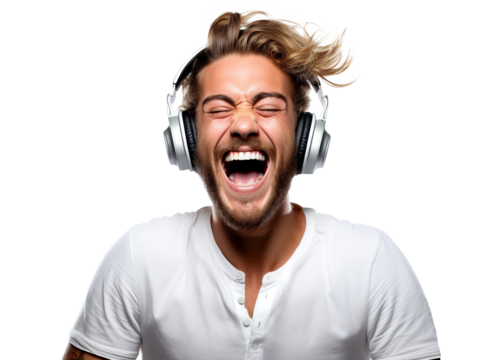 Music lover derives pleasure from beats and rhythm through headphones, cut out