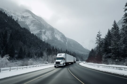 White truck on trans canada highway in BC with mountainous winter scenery. Generative AI