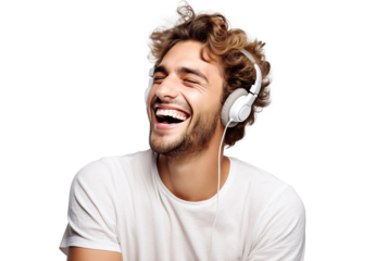 Music lover derives pleasure from beats and rhythm through headphones, cut out