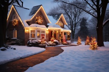 Beautiful house decorated for Christmas and New Year in the snow.