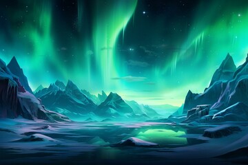 A panoramic image depicting an ice terrain with the mesmerizing aurora borealis lighting up the sky. Generative AI - obrazy, fototapety, plakaty