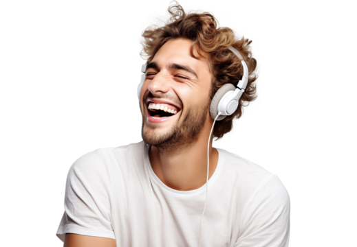 Music lover derives pleasure from beats and rhythm through headphones, cut out