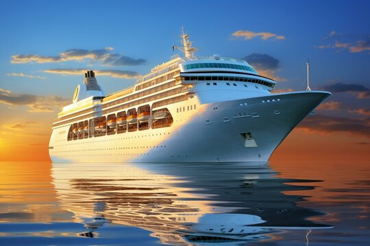 A stunning white cruise ship on the navy blue horizon. Generative AI