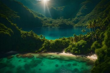A tranquil, sun-drenched tropical island, with a hidden lagoon - AI Generative