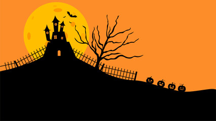 Halloween Castle flat design vector illustration. Halloween banner with silhouette of scary castle on orange background with full Moon. Illustration for holiday cards, invitations, banners