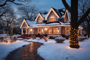 Beautiful house decorated for Christmas and New Year in the snow.