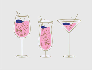 Cocktail glasses spritz pina colada cosmopolitan drawing in flat line style on beige background