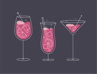 Cocktail glasses spritz pina colada cosmopolitan drawing in flat line style on dark blue background
