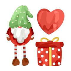 christmas gift box and gnome,hearts illustration.