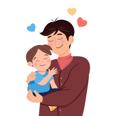 Parent and baby, father and son vector illustration. Pure love, parent love, child hugs dad. Happy dad and son, vector