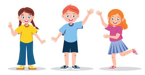 Children waving, children greet. Vector illustration. Happy children, boy and girls. Children for school project. Cute happy kids raising and waving hands greeting in many expressions and poses