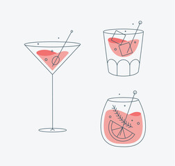 Cocktail glasses cosmopolitan whiskey old fashioned drawing in flat line style