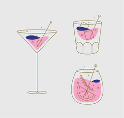 Cocktail glasses cosmopolitan whiskey old fashioned drawing in flat line style on beige background