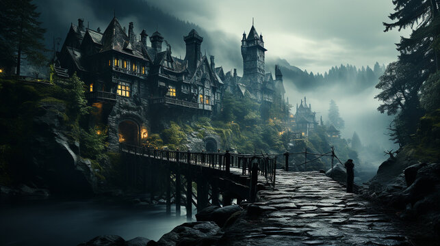 medieval castle moody fog