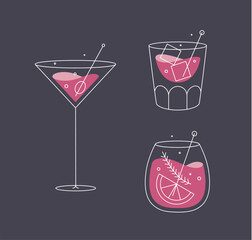 Cocktail glasses cosmopolitan whiskey old fashioned drawing in flat line style on dark blue background