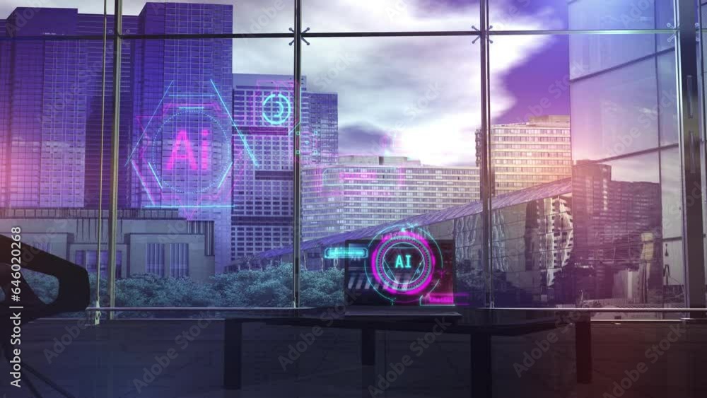 Poster projection of infographics about the work of artificial intelligence. 3d render