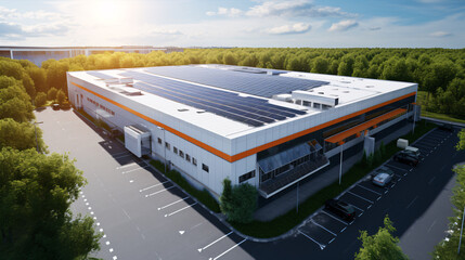 Bird's-Eye View of a State-of-the-Art Factory Featuring Solar Panels on its Roof - obrazy, fototapety, plakaty