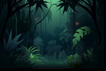 Fototapeta na wymiar Nighttime jungle background with a tropical atmosphere and a dense rainforest. Generative AI