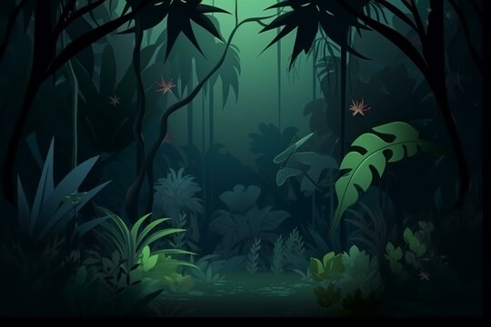 Nighttime jungle background with a tropical atmosphere and a dense rainforest. Generative AI