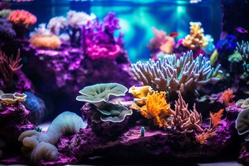 Vibrant corals in a marine aquarium, displaying an array of colors in the deep, dark water of the ocean. Generative AI