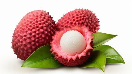 Delicious fresh lychees with green leaves isolated on white background