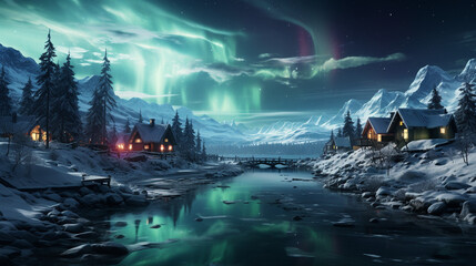 snow covered village northern lights