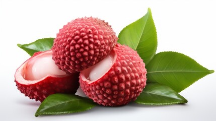 Delicious fresh lychees with green leaves isolated on white background