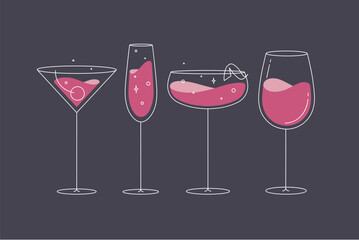 Cocktail glasses manhattan champagne wine daiquiri drawing in flat line style on grey background