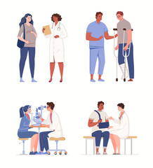 Set of doctors and patients. Medical examination, consultation, diagnostics by narrow specialists. Concept of healthcare and medicine. Clinic, hospital services. Vector flat cartoon illustration.