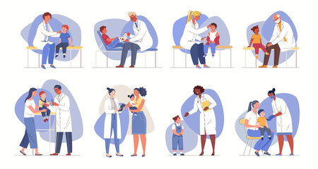 Patients on reception at pediatrician, traumatology, neurologist, dermatologist. Diagnosis of children's health. Scheduled vaccination. Vector characters flat cartoon illustrations.