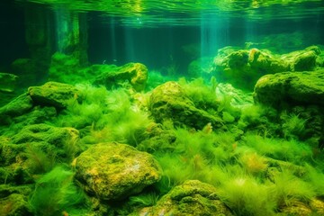 Vibrant aquatic scenery with abstract water and algae backdrop. Generative AI