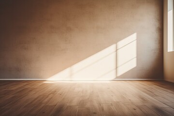 Sunlight falling into an empty room with a brown mock up wall.