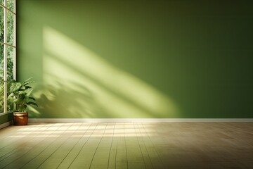 Sunlight falling into an empty room with a green mock up wall.