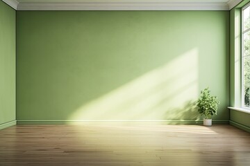 Sunlight falling into an empty room with a green mock up wall.