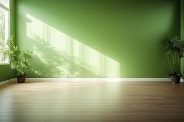 Fototapeta na wymiar Sunlight falling into an empty room with a green mock up wall.