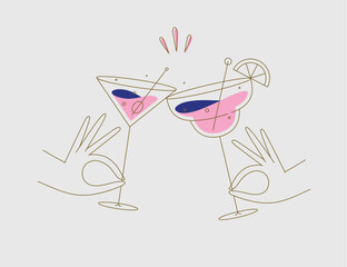 Hand holding margarita and manhattan cocktails clinking glasses drawing in flat line style on beige background