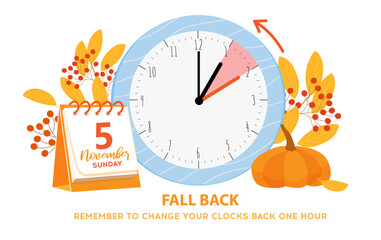 Daylight saving time ends 5 november 2023 banner. Fall Back time. Banner with alarm clock and calenar date with info abouth chanhing time. Clocks change back one hour. USA and Canada
