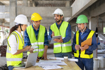 engineering team lead by engineer project manager having a stressful project meeting at the job site over a mistake that is not go according to plan.concept of stress on work,conflict management