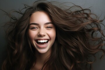 Fototapeta premium Portrait of beautiful cheerful girl with flying hair smiling laughing looking at camera on dark background