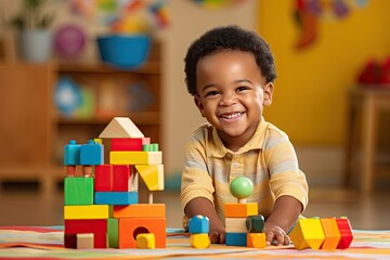 Happy, cute black child playing with toys and having fun. - obrazy, fototapety, plakaty