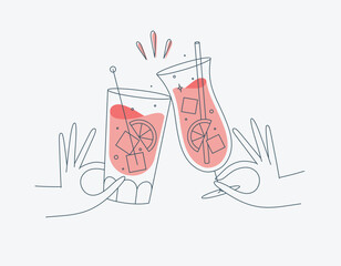 Hand holding pina colada and cuba libre cocktails clinking glasses drawing in flat line style