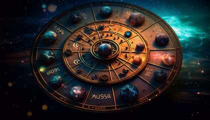 Naklejka premium Fortune telling with astrology sign, planet, and glowing star backdrop generated by AI