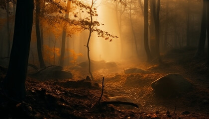 A spooky autumn dawn in a tranquil wilderness area generated by AI