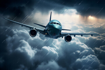 Passenger air plane approaching turbulent thunderstorm lightning