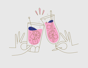 Hand holding pina colada and cuba libre cocktails clinking glasses drawing in flat line style on beige background